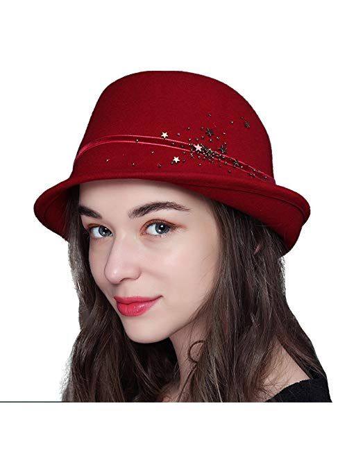 F FADVES Women Vintage Style Wool Cloche Bucket Winter Hat with Star Sequins