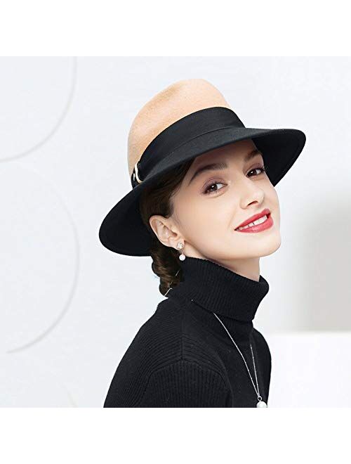 F FADVES Wide Brim Fedora Womens Wool Felt Hats with Ribbon Cloche Bowler Hat Church Formal Caps