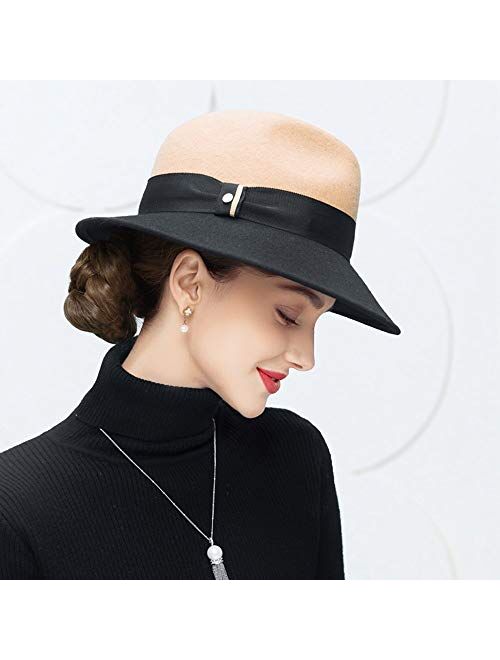 F FADVES Wide Brim Fedora Womens Wool Felt Hats with Ribbon Cloche Bowler Hat Church Formal Caps