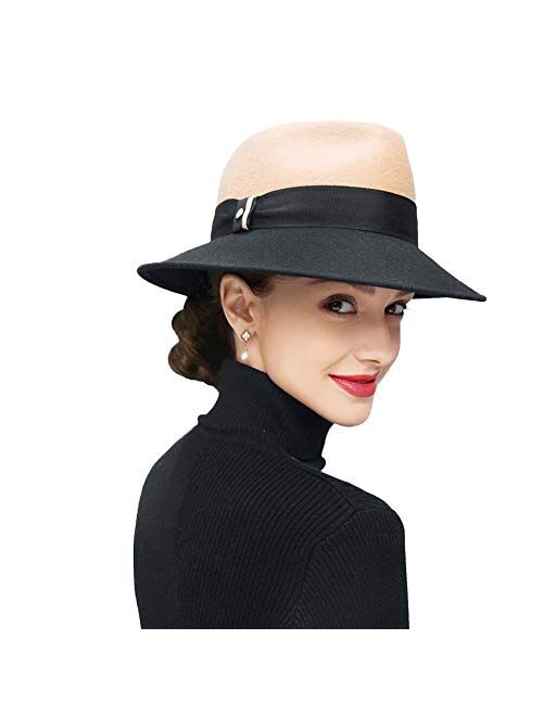 F FADVES Wide Brim Fedora Womens Wool Felt Hats with Ribbon Cloche Bowler Hat Church Formal Caps