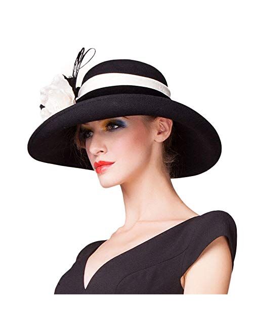 F FADVES Women British Wide Brim Wool Church Bowler Cloche Hats Derby Kentucky Fedora Hat