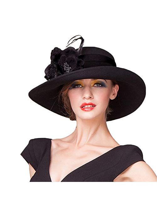 F FADVES Women British Wide Brim Wool Church Bowler Cloche Hats Derby Kentucky Fedora Hat