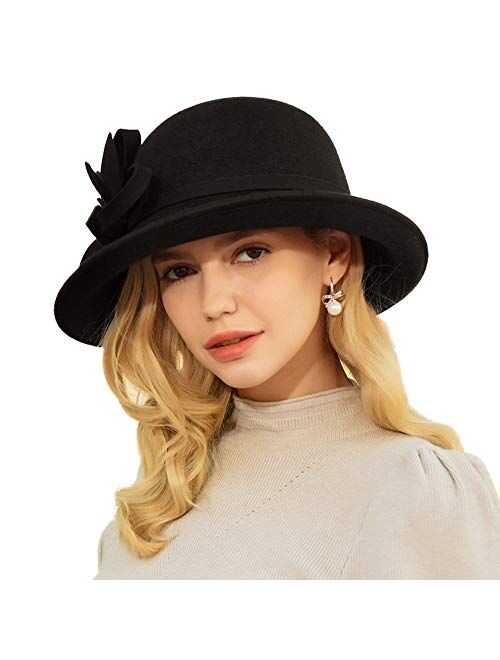 F FADVES Women's Wool Hat Flower Church Wedding Cloche Bucket Hat