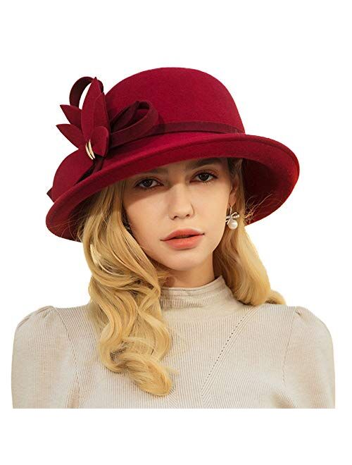 F FADVES Women's Wool Hat Flower Church Wedding Cloche Bucket Hat