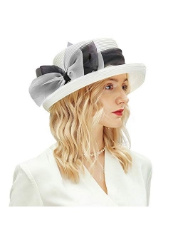 Womens Organza Bowler Straw Sun Hat Wide Brim Wedding Tea Party Vacation UPF50 Foldable