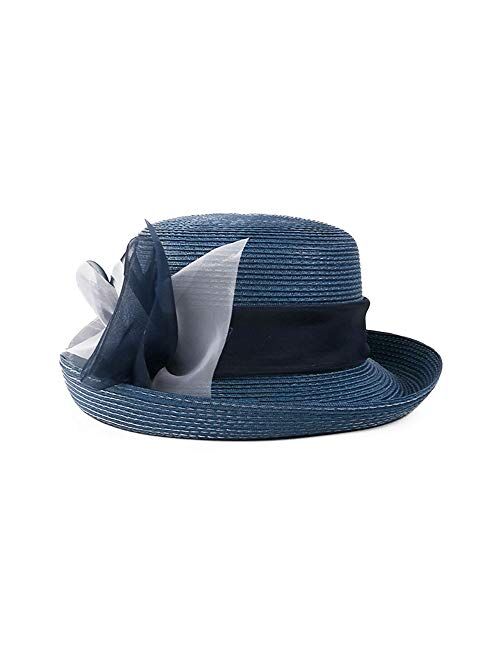 F FADVES Womens Organza Bowler Straw Sun Hat Wide Brim Wedding Tea Party Vacation UPF50 Foldable