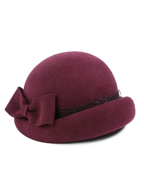 F FADVES Wool Cloche Bucket Hat Womens Winter Warm Beanie Cap with Bow