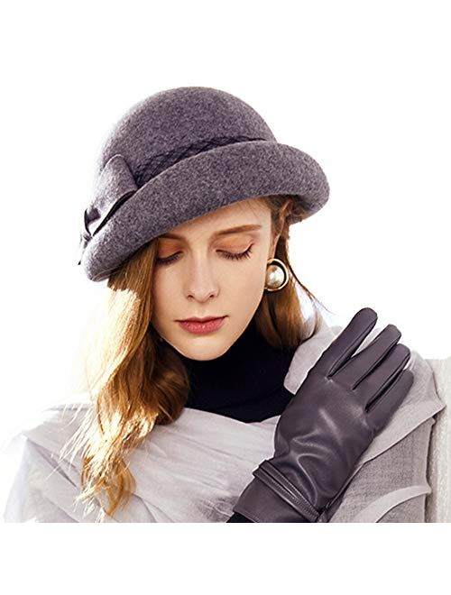 F FADVES Wool Cloche Bucket Hat Womens Winter Warm Beanie Cap with Bow