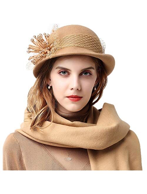 F FADVES Womens Wool Caps with Brim Cloche Hats for Women with Veil 1920s Vintage Fedora Hat