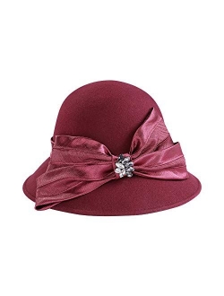 FADVES Women Wool Fedoras Hats Rhinestone Winter Cloche Church Wedding Hat