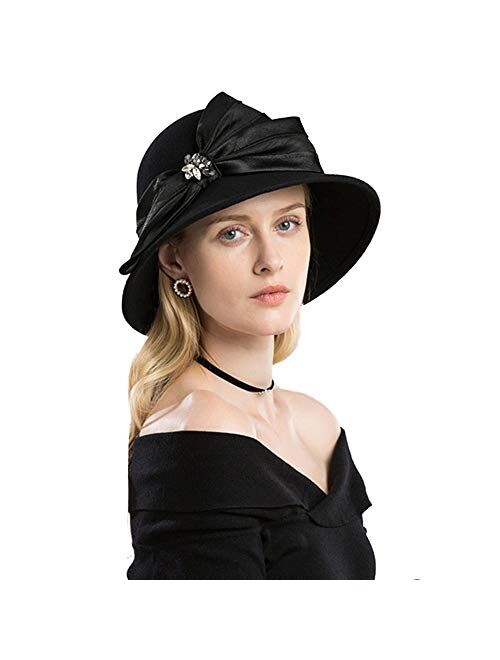 F Fadves FADVES Women Wool Fedoras Hats Rhinestone Winter Cloche Church Wedding Hat