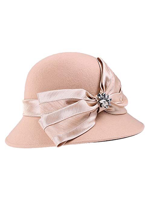 F Fadves FADVES Women Wool Fedoras Hats Rhinestone Winter Cloche Church Wedding Hat