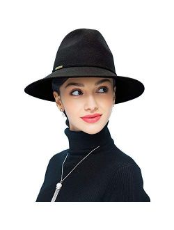 Women Vintage Wide Brim Trilby Fedora Wool Hat with Belt