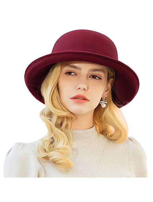 F FADVES Women's Upturn Brim Bowler Wool Hat Casual Warm Fedora Hats