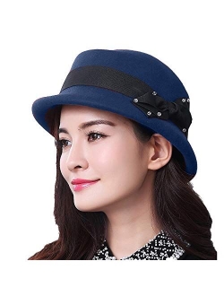 Wool Felt Cloche Fedora Hat for Women Derby Party Bowknot Church Bowler Hats