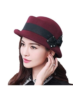 Wool Felt Cloche Fedora Hat for Women Derby Party Bowknot Church Bowler Hats