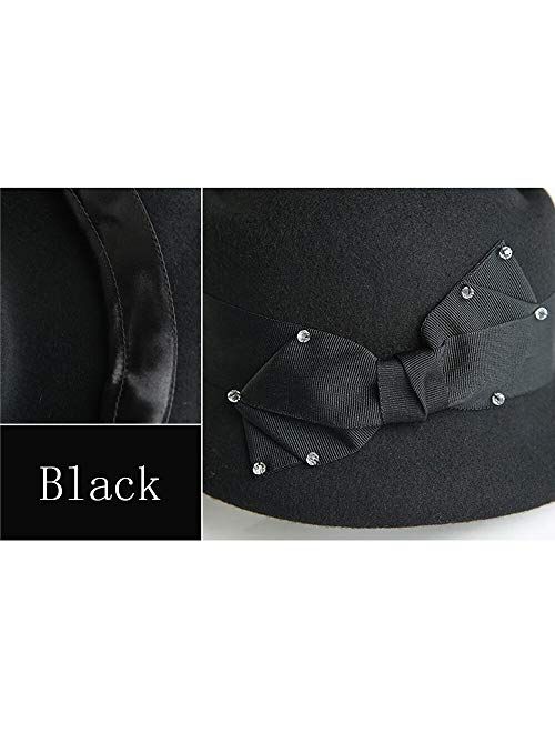 F FADVES Wool Felt Cloche Fedora Hat for Women Derby Party Bowknot Church Bowler Hats