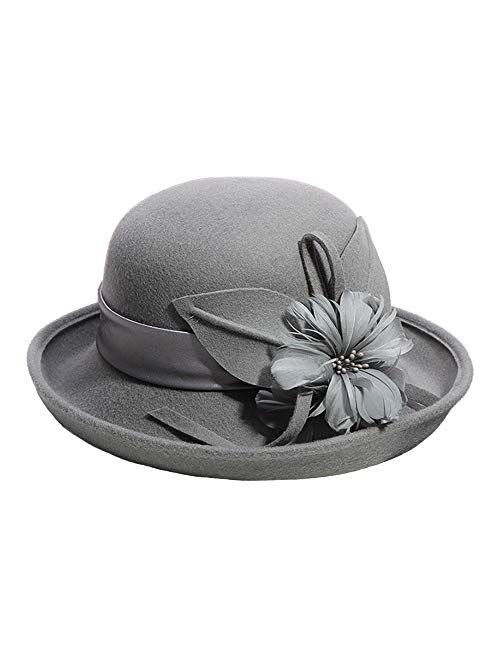 F FADVES British Style Women Bowler Hat Church Derby Wedding Winter Vintage Fascinator Wool Felt Fedoras