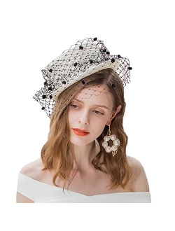 FADVES Women British Fascinator Pillbox Hat Veil Wedding Tea Party Boater Hat