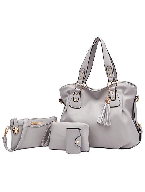 Soperwillton Fashion Handbag for Women Shoulder Bag Top Handle Satchel Hobo Tote Bag Purse Set 4pcs