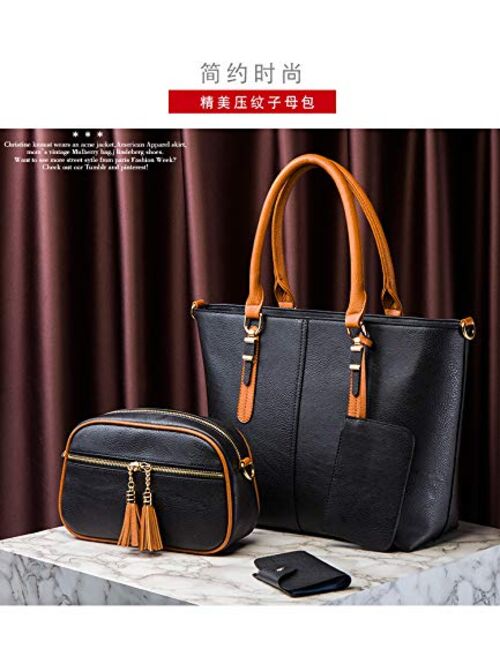 Dayfine Women Handbag PU Leather Fashionable Satchel Handbag Ladies Shoulder Bag Purse 3 Pcs Set