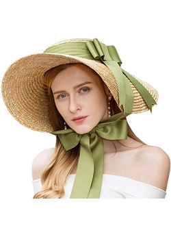 British Vintage Style Straw Sun Hat Wide Brim Kentucky Derby Travel Beach Cap Ribbon Bow