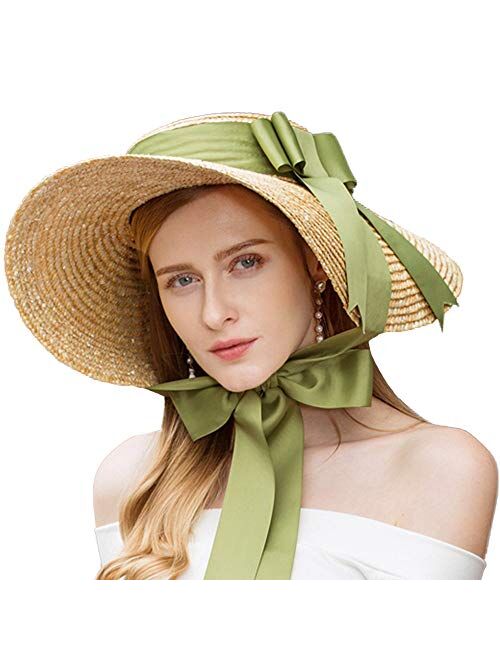 F FADVES British Vintage Style Straw Sun Hat Wide Brim Kentucky Derby Travel Beach Cap Ribbon Bow