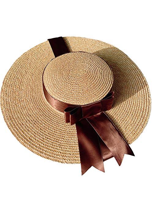 F FADVES British Vintage Style Straw Sun Hat Wide Brim Kentucky Derby Travel Beach Cap Ribbon Bow