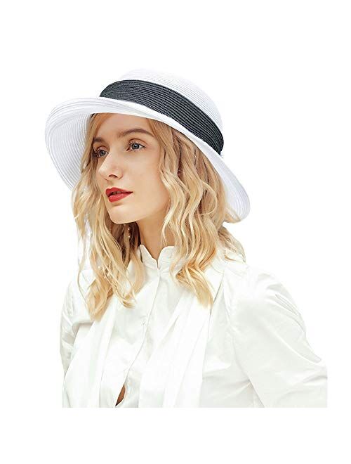 F FADVES Wide Brim Straw Hats Bow Sun Hats for Women UV Protection Floppy Beach Outdoor Summer Cloche Caps