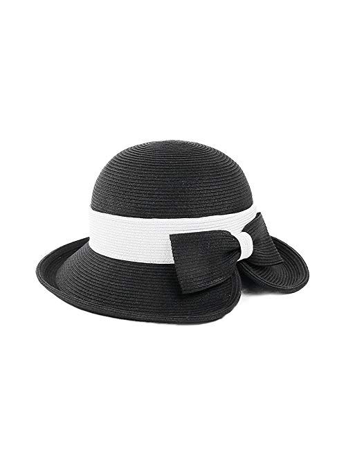 F FADVES Wide Brim Straw Hats Bow Sun Hats for Women UV Protection Floppy Beach Outdoor Summer Cloche Caps