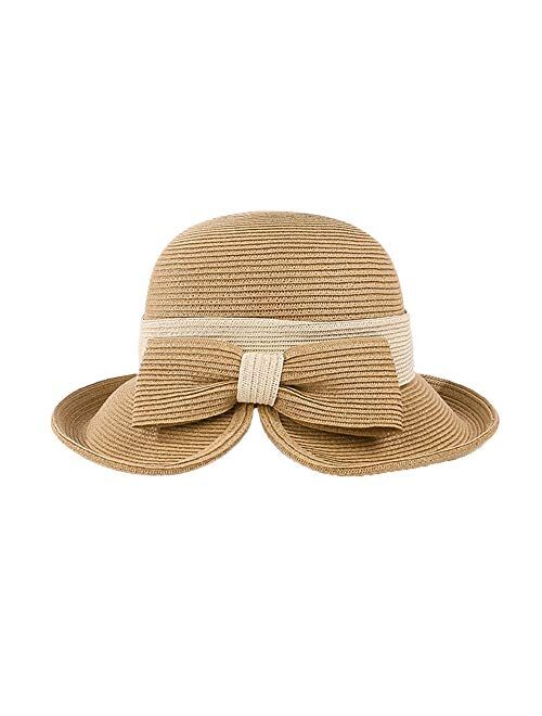 F FADVES Wide Brim Straw Hats Bow Sun Hats for Women UV Protection Floppy Beach Outdoor Summer Cloche Caps