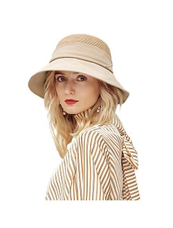 Women's Sun Cotton Hat Bow Wide Brim Straw Hat Floppy Summer Beach Sun Protection Cap