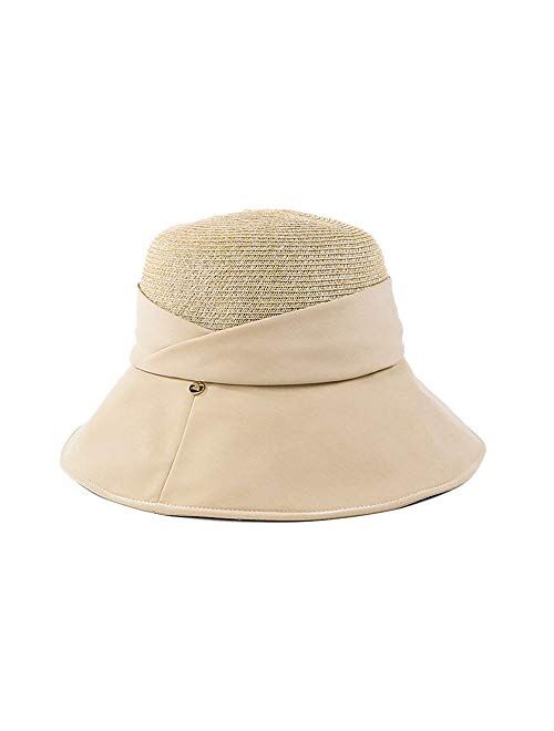 F FADVES Women's Sun Cotton Hat Bow Wide Brim Straw Hat Floppy Summer Beach Sun Protection Cap