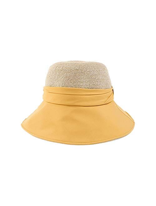 F FADVES Women's Sun Cotton Hat Bow Wide Brim Straw Hat Floppy Summer Beach Sun Protection Cap