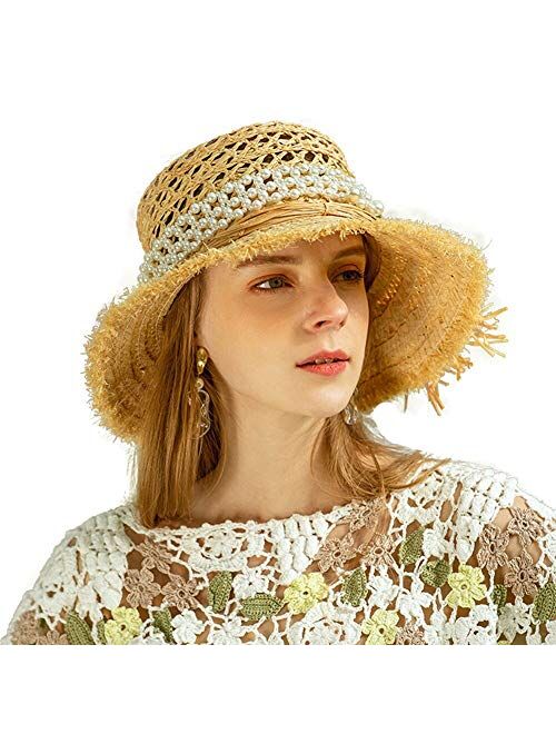 F FADVES Women Wide Brim Sun Hat Summer Beach Sunhats Cap Packable Straw Hat Travel