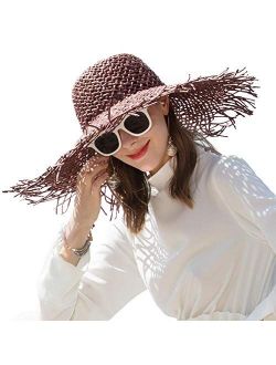 FADVES Women Floppy Straw Hat Travel Beach Sun Hat Irregular Brim