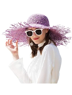 FADVES Women Floppy Straw Hat Travel Beach Sun Hat Irregular Brim