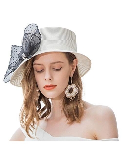 Women Sinamay Bucket Sun Hat Tea Party Wedding Travel Beach Bow Hat