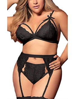 Women Plus Size Lingerie Set with Garter Belt 3 Piece Sexy Strap Bra and Panty Lace Bodysuit Babydoll