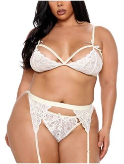 Women Plus Size Lingerie Set with Garter Belt 3 Piece Sexy Strap Bra and Panty Lace Bodysuit Babydoll