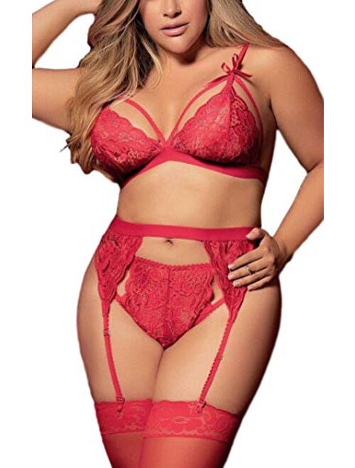 Women Plus Size Lingerie Set with Garter Belt 3 Piece Sexy Strap Bra and Panty Lace Bodysuit Babydoll