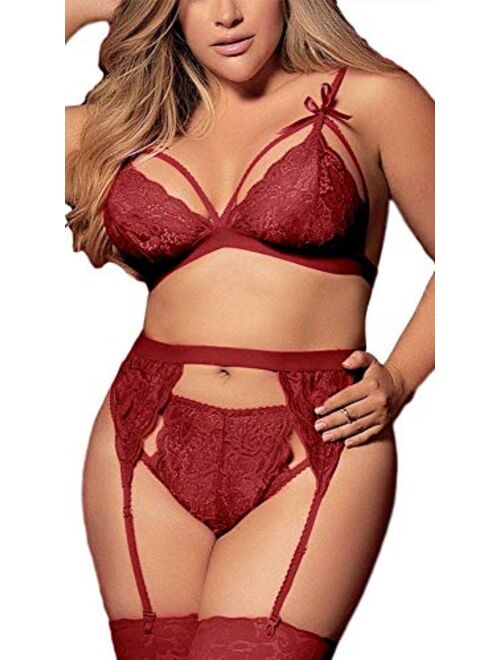 Women Plus Size Lingerie Set with Garter Belt 3 Piece Sexy Strap Bra and Panty Lace Bodysuit Babydoll