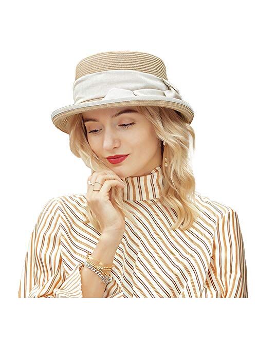 F FADVES Sun Hat for Women Straw Bowler Casual Hat Fashion Vintage Wide Brim Bowknot Beach Hats