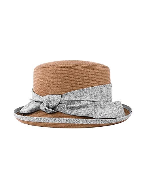 F FADVES Sun Hat for Women Straw Bowler Casual Hat Fashion Vintage Wide Brim Bowknot Beach Hats