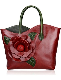 Designer Genuine Leather Purses and Handbags for Women Top Handle Satchel Flower Handbag