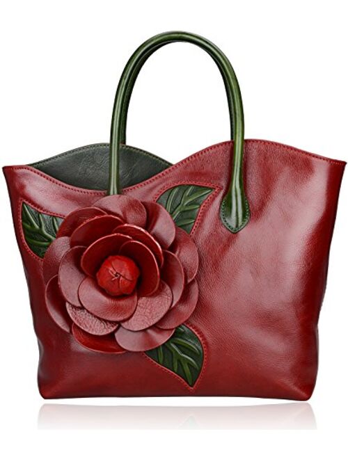 PIJUSHI Designer Genuine Leather Purses and Handbags for Women Top Handle Satchel Flower Handbag