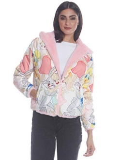 Members Only Plush Faux Rabbit Fur Reversible Bomber Jacket with Looney Tunes Satin Mashup Print Lining