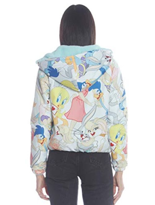 Members Only Plush Faux Rabbit Fur Reversible Bomber Jacket with Looney Tunes Satin Mashup Print Lining