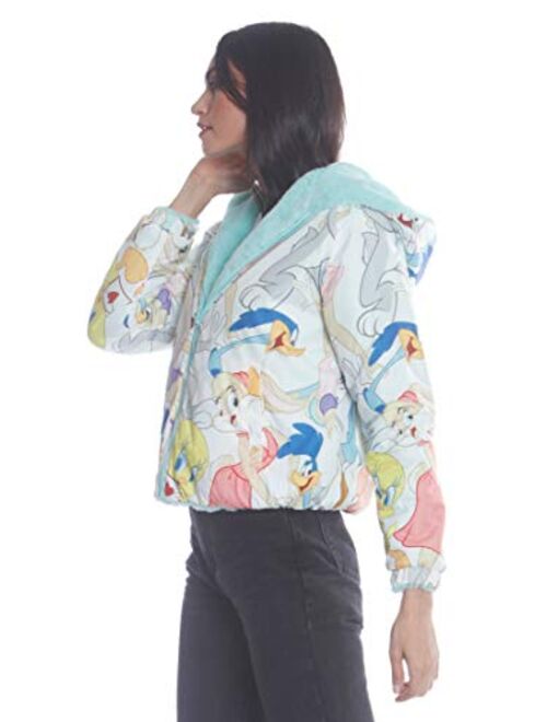 Members Only Plush Faux Rabbit Fur Reversible Bomber Jacket with Looney Tunes Satin Mashup Print Lining