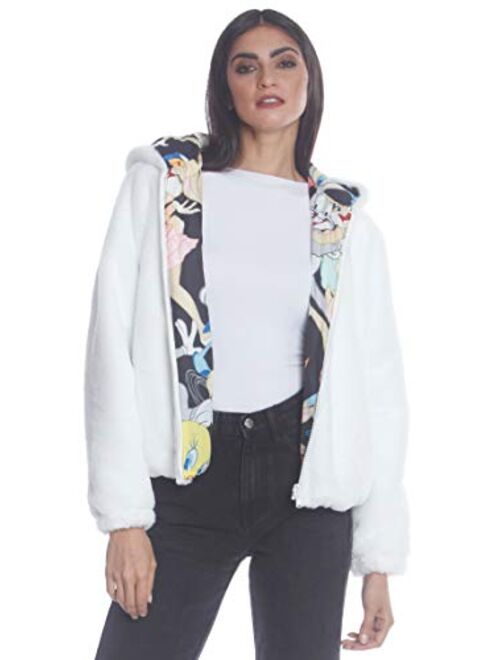 Members Only Plush Faux Rabbit Fur Reversible Bomber Jacket with Looney Tunes Satin Mashup Print Lining